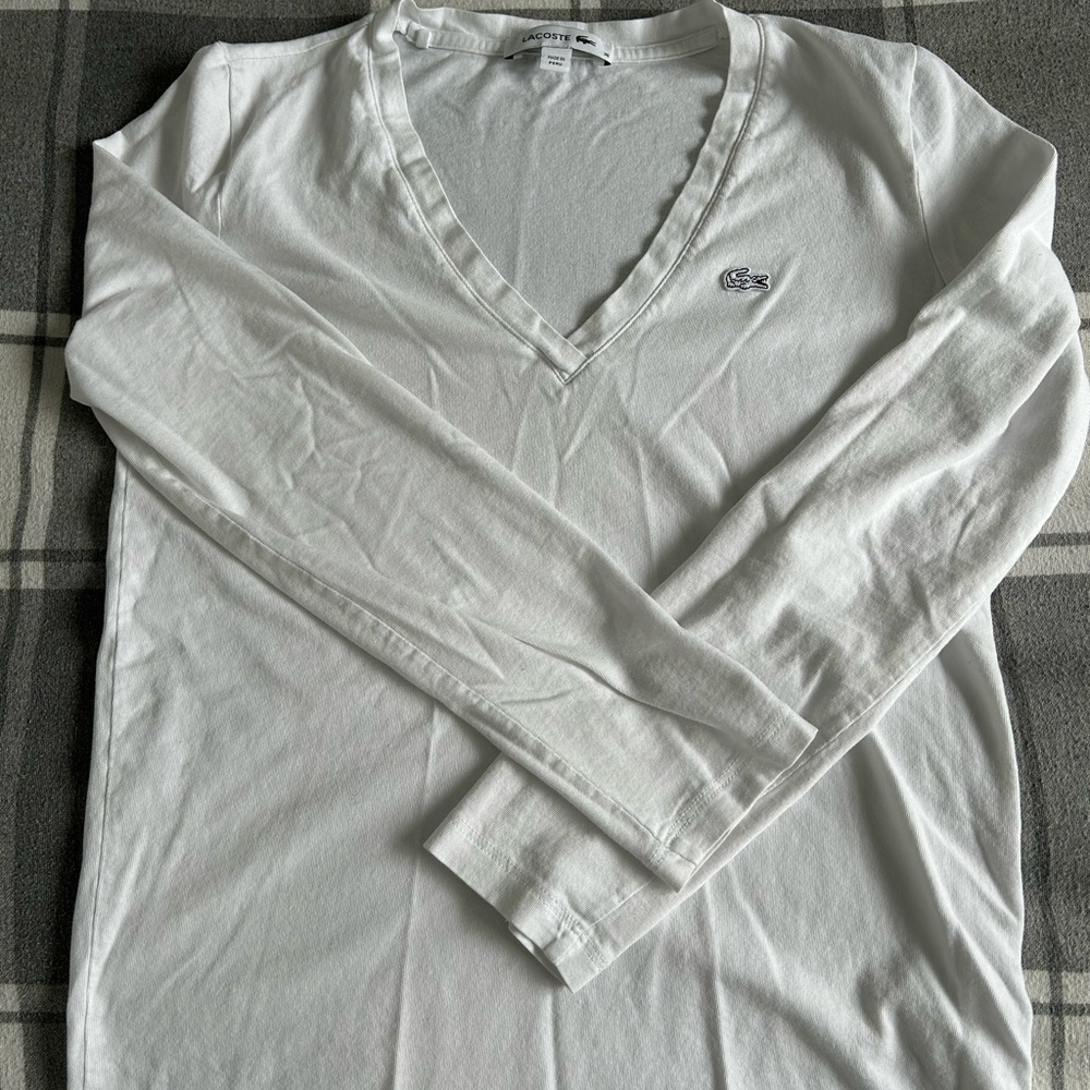 Lacoste Classic White V-Neck Long Sleeve Tee